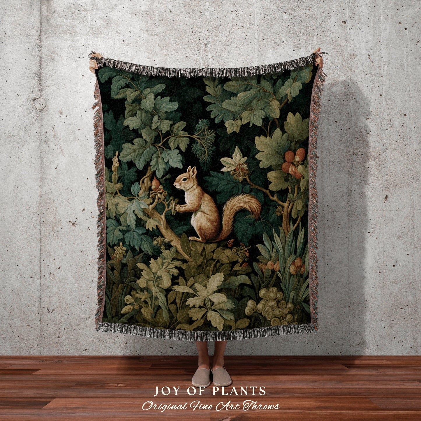 Woodland Botanical Woven Throw | William Morris inspired Throw Blanket Vintage Cottagecore Woodland Aesthetic Decor Woven Squirrel Tapestry