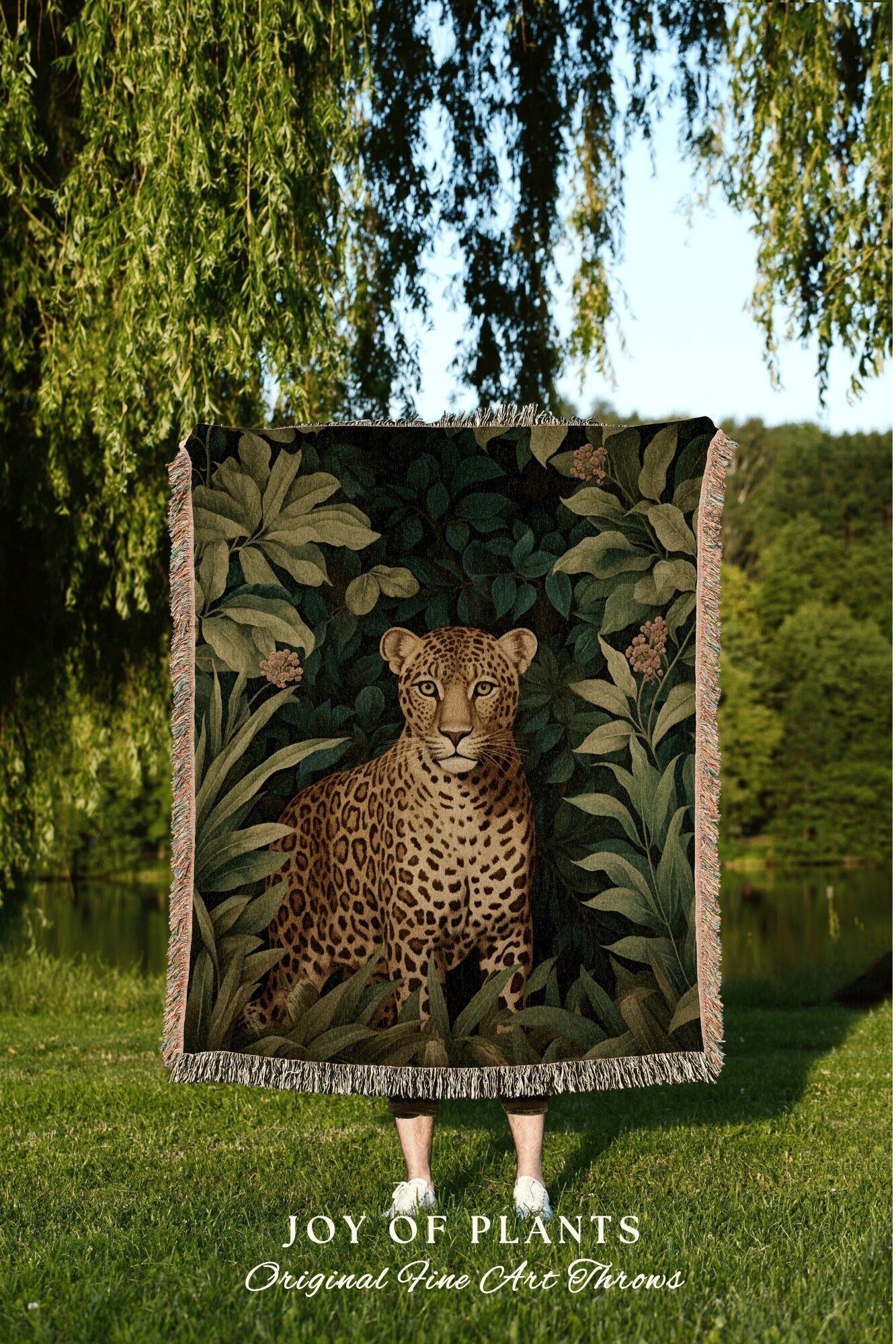 Vintage Leopard Blanket Woven | William Morris inspired Jungle Blanket Vintage Fairycore Woodland Aesthetic Decor Woven Throw Leopard Decor