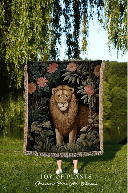 Jungle Blanket Botanical Throw | William Morris inspired Nature Blanket Vintage Fairycore Woodland Aesthetic Decor Woven Throw Lion Blanket