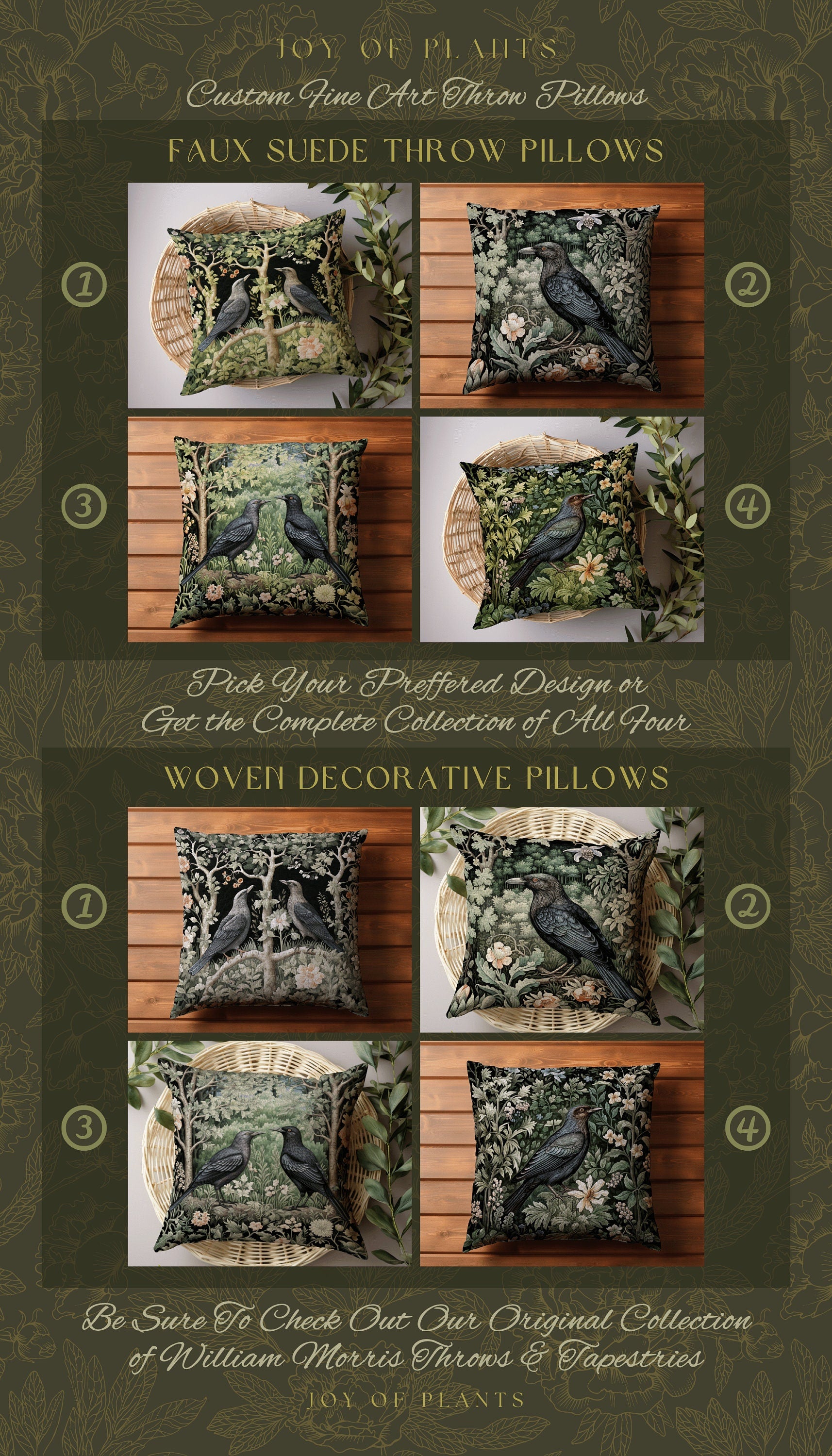 Woodland Morris Throw Pillow | William Morris Inspired Pillow Woodland Forestcore Decor Pillow Maximalist Home Decor Crowcore Throw Pillow |