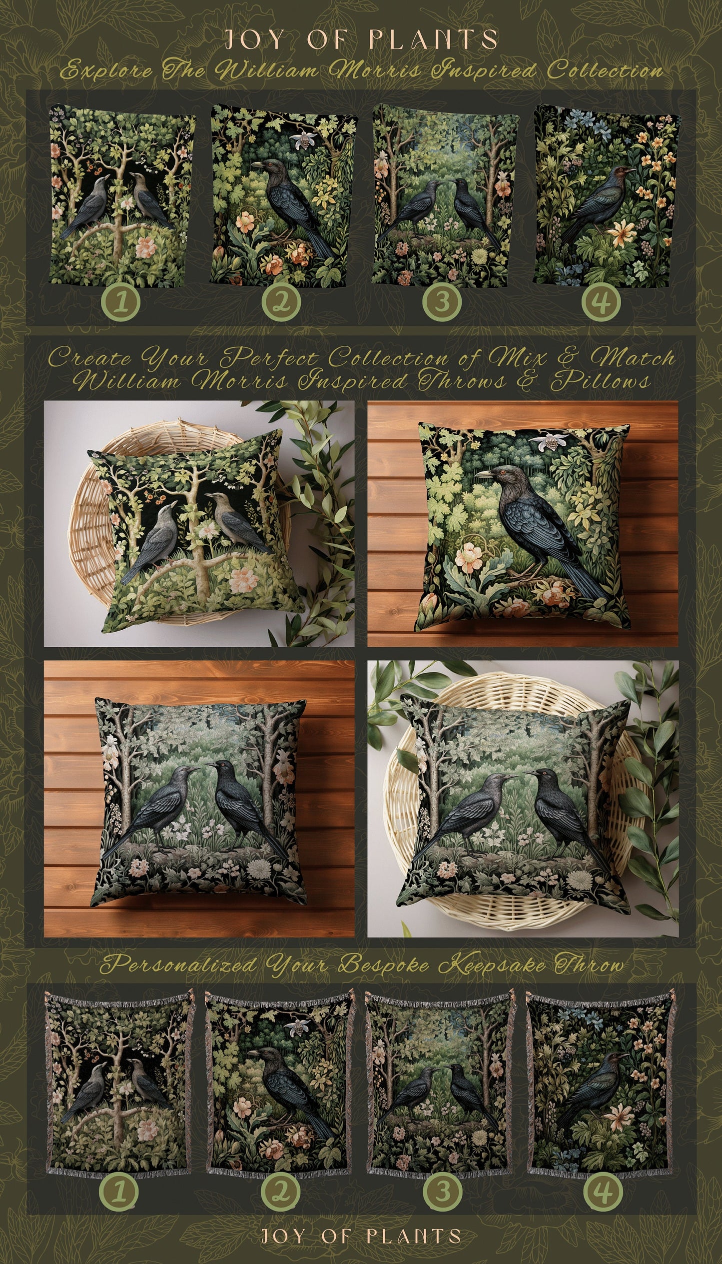 Woodland Morris Throw Pillow | William Morris Inspired Pillow Woodland Forestcore Decor Pillow Maximalist Home Decor Crowcore Throw Pillow |