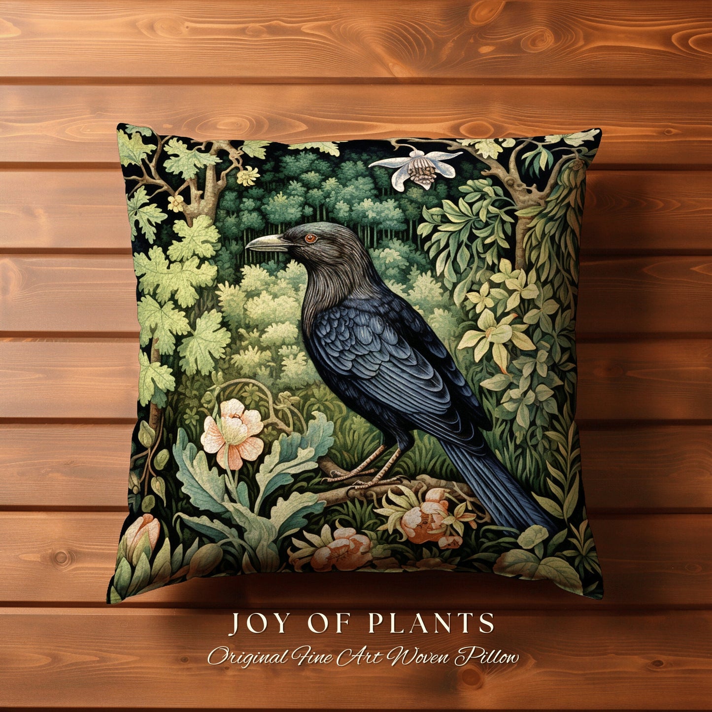 Crowcore Woven Throw Pillow | Morris Inspired Pillow Woodland Forestcore Decor Pillow Maximalist Home Decor Crowcore Pillow Dark Botanical |