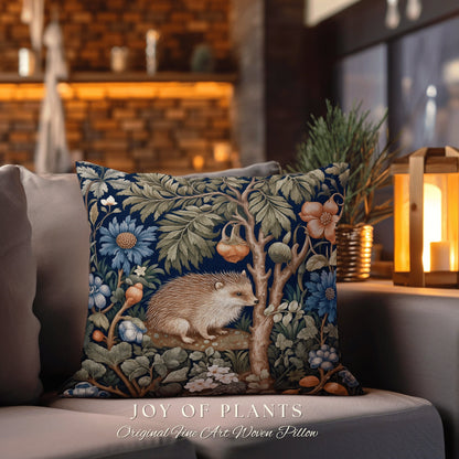 Hedgehog Throw Pillow | William Morris Inspired Pillow Woodland Cottagecore Decor Pillow Maximalist Home Decor Custom Morris Style Hedgehog