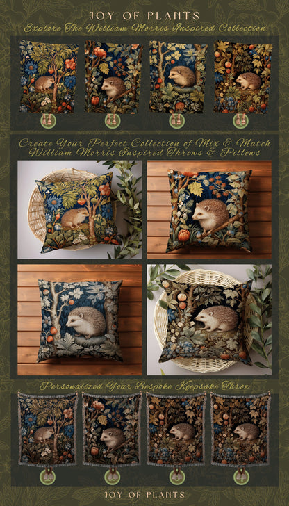 Hedgehog Throw Pillow | William Morris Inspired Pillow Woodland Cottagecore Decor Pillow Maximalist Home Decor Custom Morris Style Hedgehog