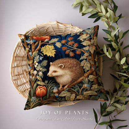 Maximalist Hedgehog Pillow | Morris Inspired Pillow Woodland Cottagecore Decor Pillow Maximalist Home Decor Custom Morris Style Hedge Hog |