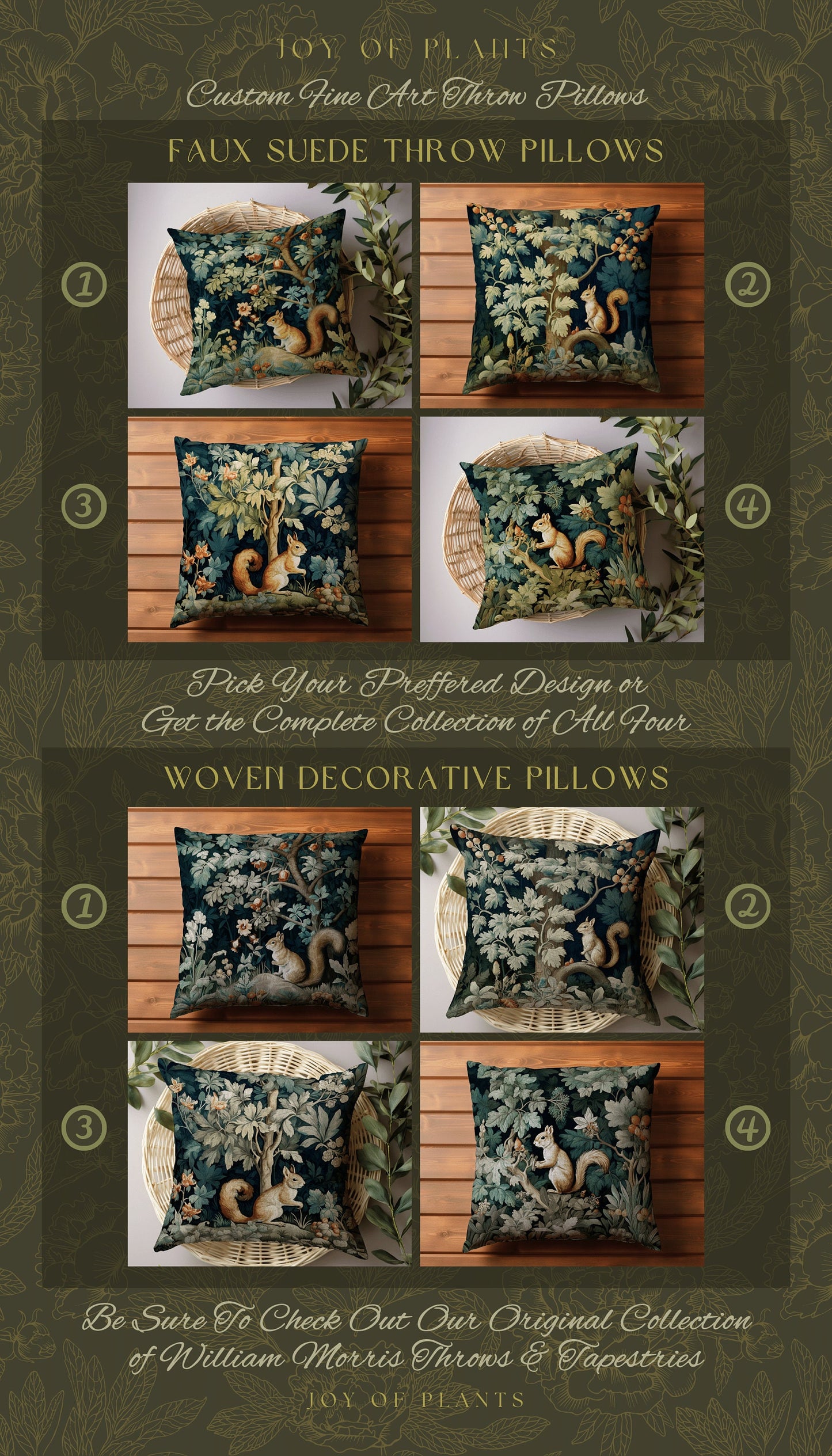 Vintage Botanical Throw Pillow Woven | William Morris Inspired Pillow Woodland Forestcore Decor Pillow Maximalist Home Decor Throw Pillow |