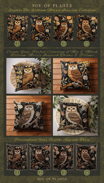 Owl Throw Pillow Woven | William Morris Inspired Pillow Woodland Forestcore Decor Pillow Maximalist Home Decor Throw Pillow Owl Botanical |