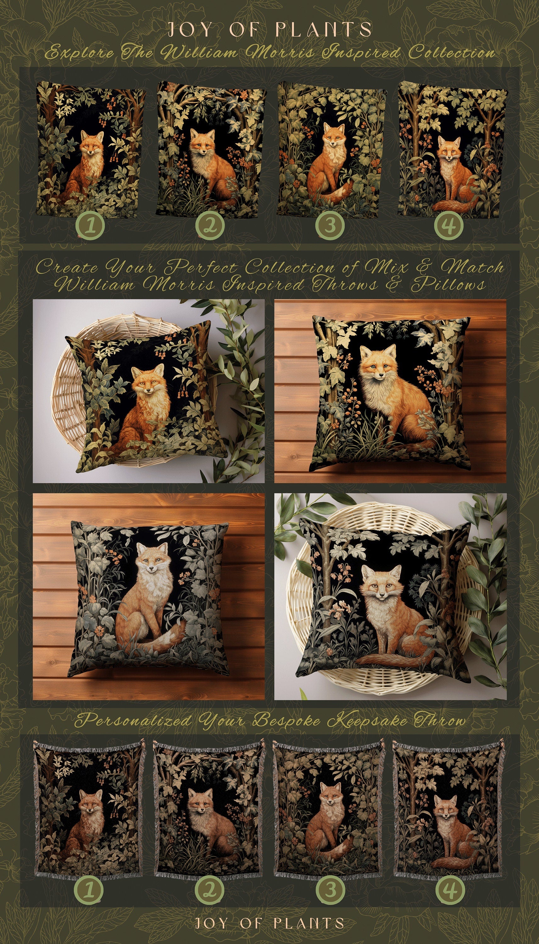 Dark Woodland Fox Pillow Woven | William Morris Inspired Pillow Woodland Decor Pillow Maximalist Home Decor Throw Pillow Botanical Throw |