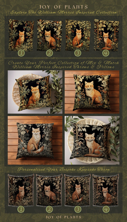 Dark Woodland Fox Pillow Woven | William Morris Inspired Pillow Woodland Decor Pillow Maximalist Home Decor Throw Pillow Botanical Throw |