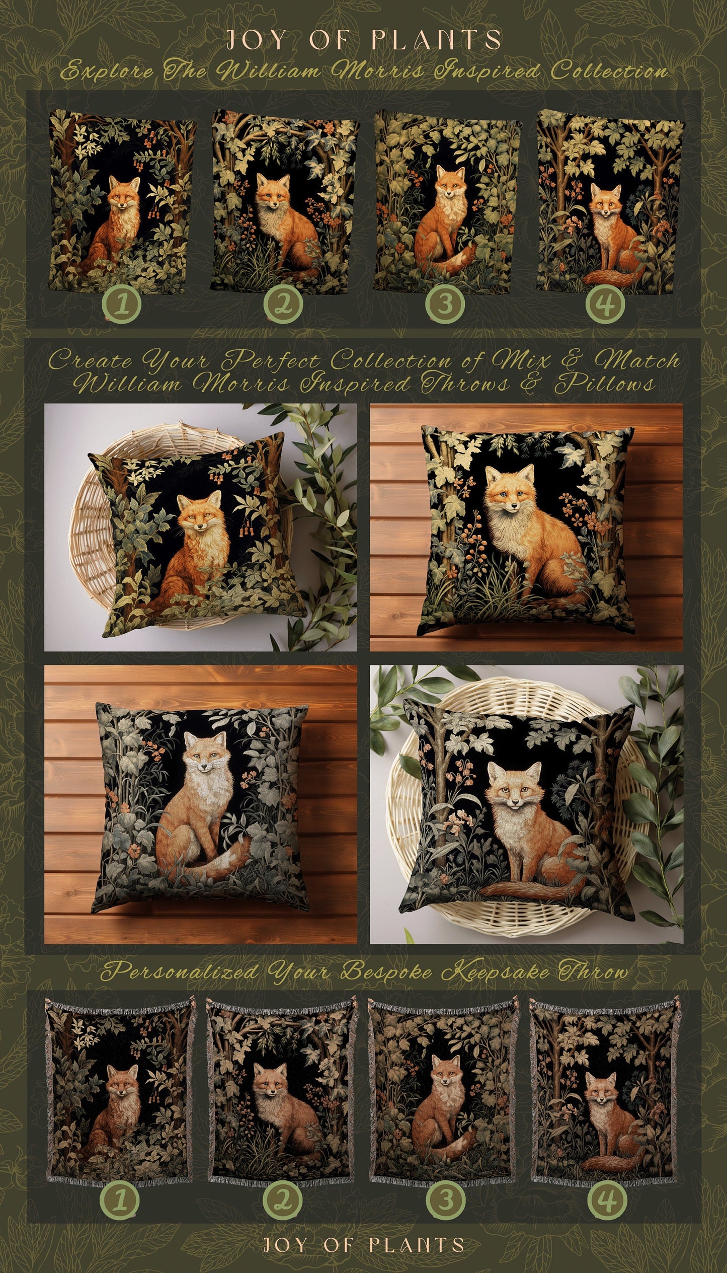 Forestcore Fox Pillow Woven | William Morris Inspired Pillow Woodland Forestcore Decor Pillow Maximalist Home Decor Throw Pillow Botanical |