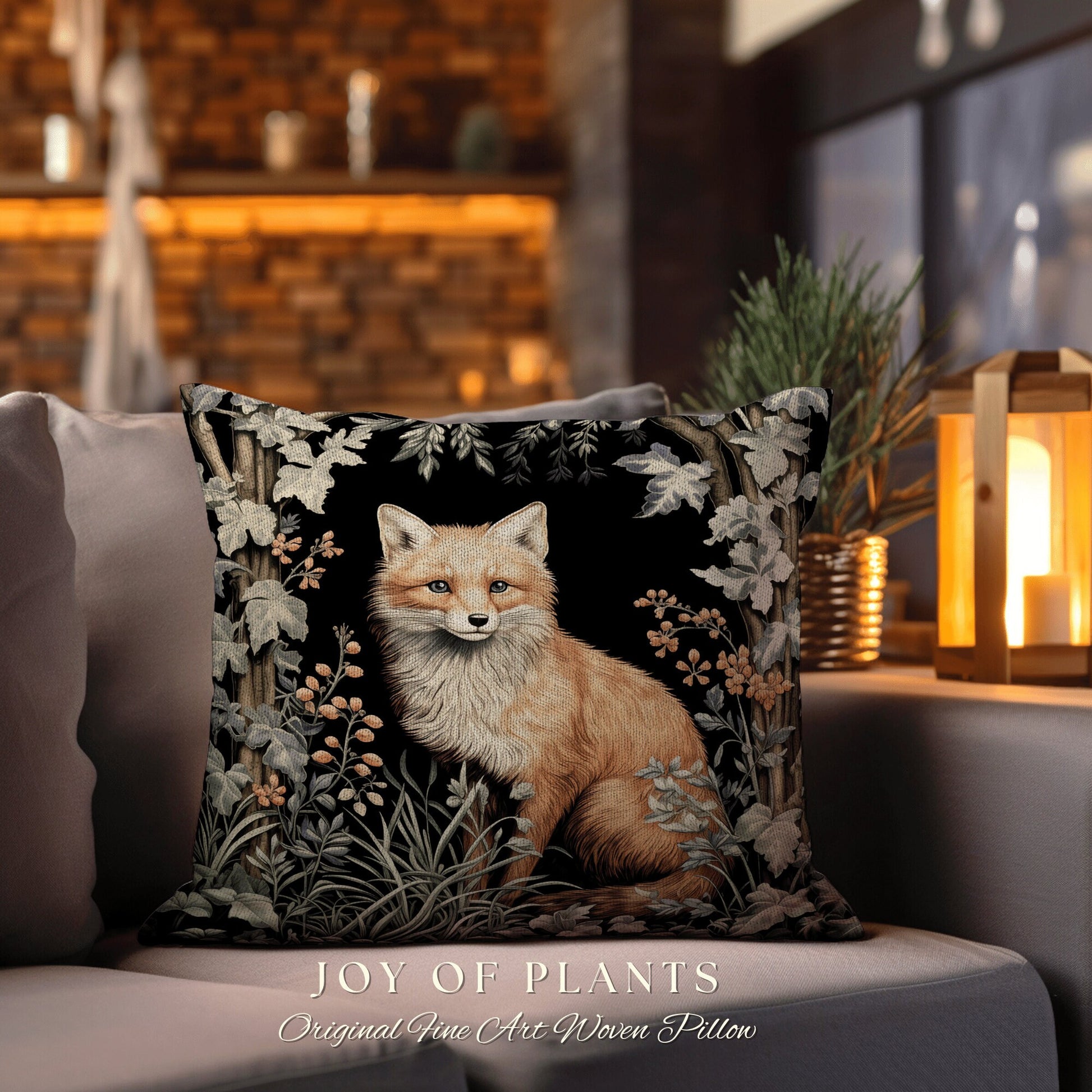 Dark Woodland Fox Pillow Woven | William Morris Inspired Pillow Woodland Decor Pillow Maximalist Home Decor Throw Pillow Botanical Throw |