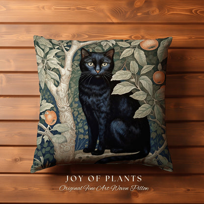 Black Cat Throw Pillow Woven | Botanical William Morris Inspired Pillow Cottagecore Decor Pillow Home Decor Throw Pillow Black Cat Decor |