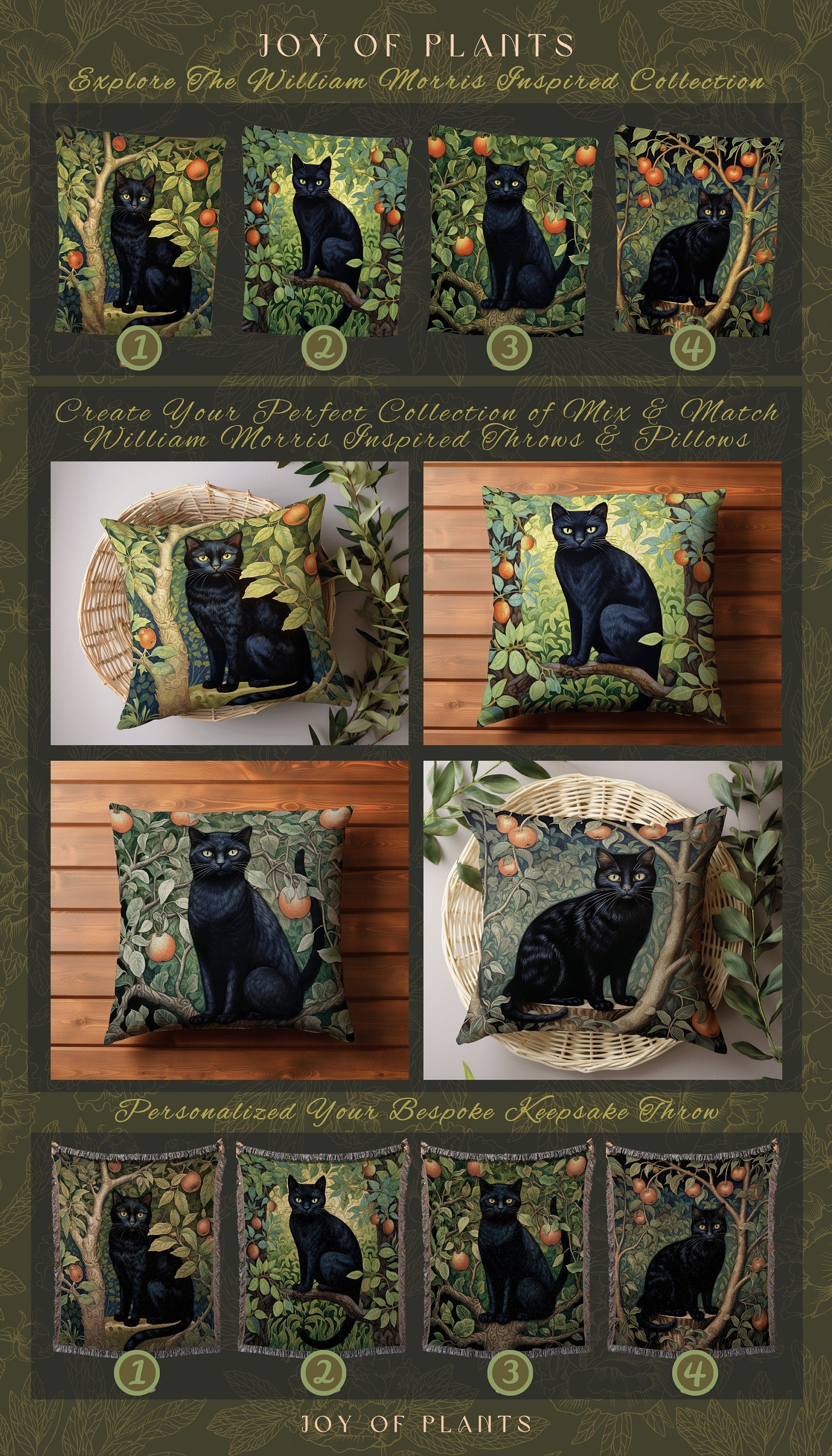 Black Cat Throw Pillow Woven | Botanical William Morris Inspired Pillow Cottagecore Decor Pillow Home Decor Throw Pillow Black Cat Decor |