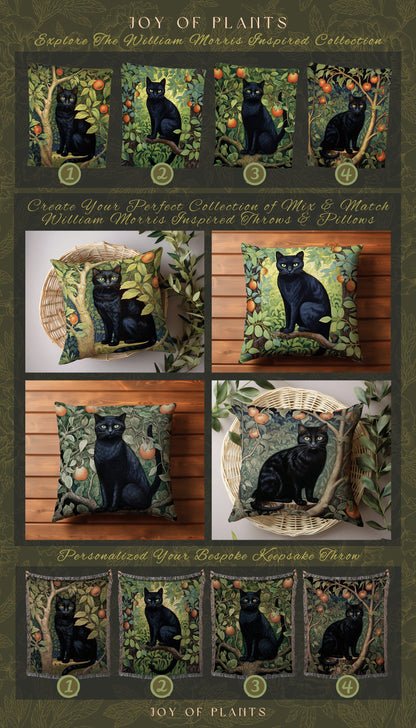 Black Cat Throw Pillow Woven | Botanical William Morris Inspired Pillow Cottagecore Decor Pillow Home Decor Throw Pillow Black Cat Decor |