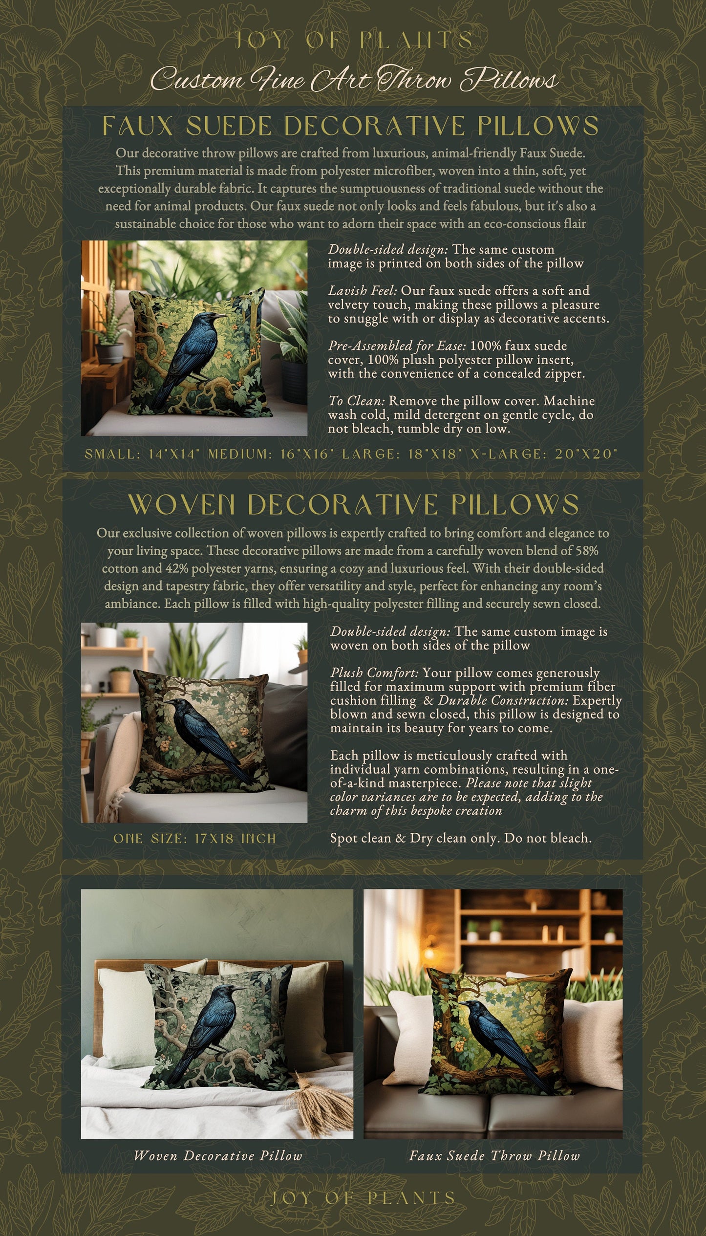 Black Crow Raven Throw Pillow | Morris Inspired Pillow Woodland Crowcore Decor Pillow Maximalist Home Decor Crow Pillow Dark Botanical Decor