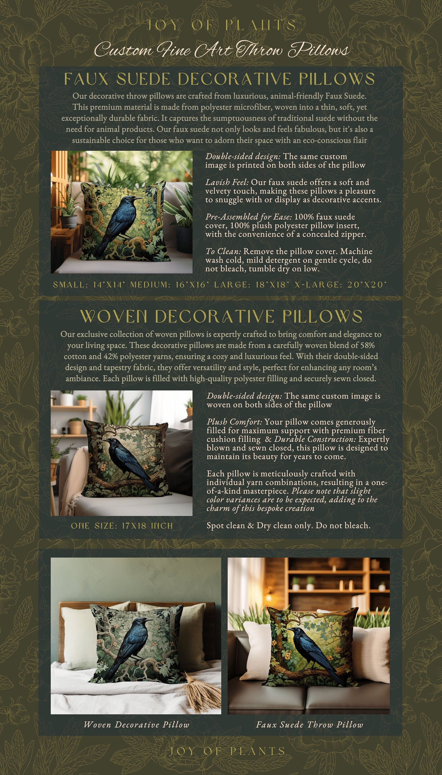 Black Crow Raven Throw Pillow | Morris Inspired Pillow Woodland Crowcore Decor Pillow Maximalist Home Decor Crow Pillow Dark Botanical Decor