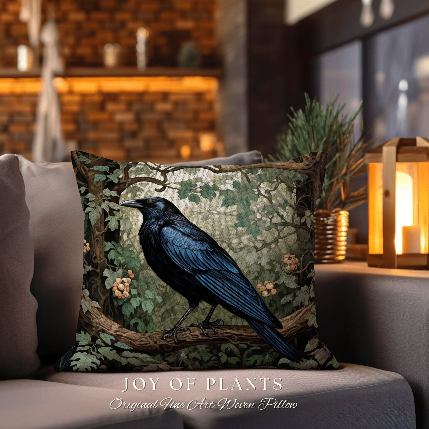 Black Crow Raven Throw Pillow | Morris Inspired Pillow Woodland Crowcore Decor Pillow Maximalist Home Decor Crow Pillow Dark Botanical Decor
