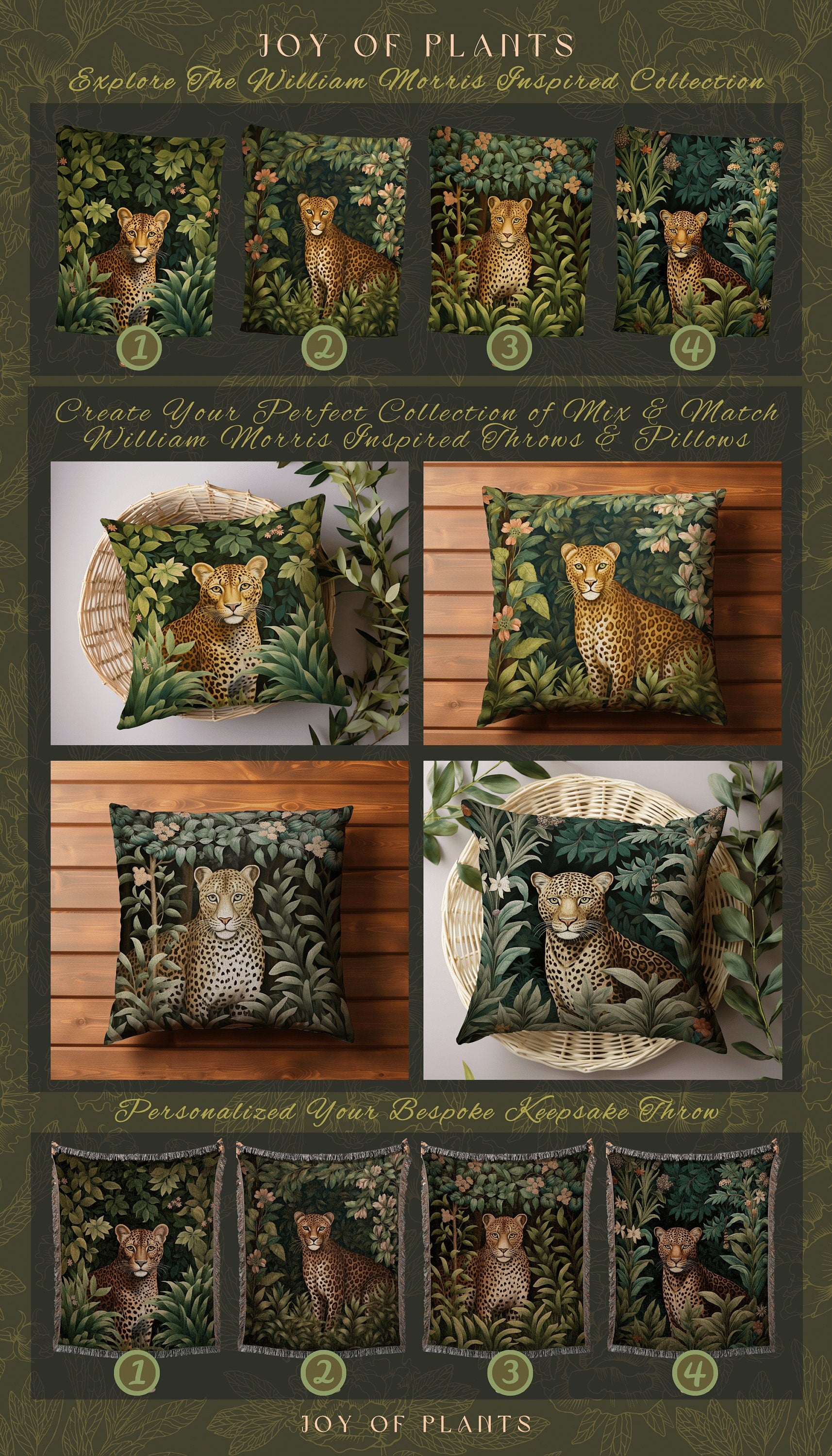 Jungle Pillow Leopard Decor | William Morris Inspired Pillow Woodland Decor Pillow Maximalist Decor Throw Pillow Botanical Leopard Pillow |