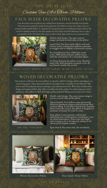 Lion Pillow Woven Jungle Decor | William Morris Inspired Pillow Woodland Decor Pillow Maximalist Decor Throw Pillow Botanical Lion Pillow |