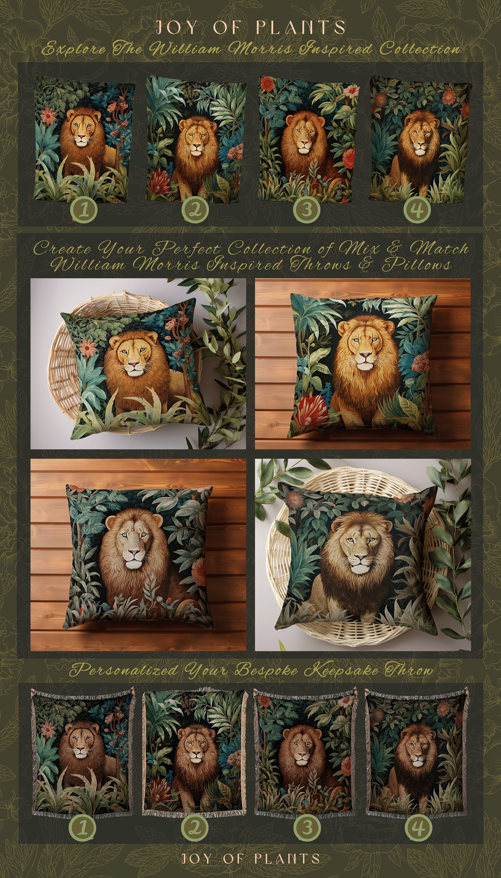 Lion Pillow Woven Jungle Decor | William Morris Inspired Pillow Woodland Decor Pillow Maximalist Decor Throw Pillow Botanical Lion Pillow |