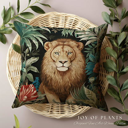 Lion Pillow Woven Jungle Decor | William Morris Inspired Pillow Woodland Decor Pillow Maximalist Decor Throw Pillow Botanical Lion Pillow |