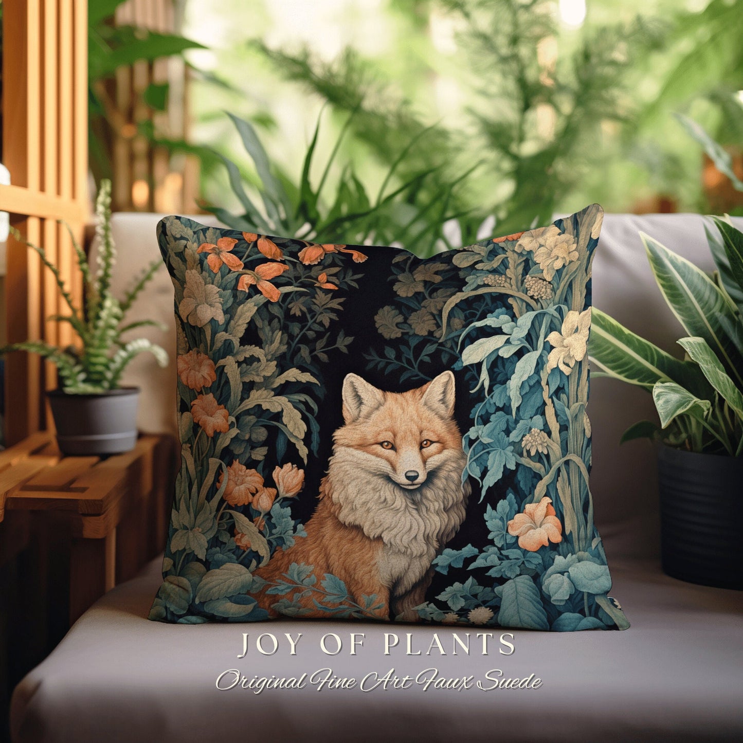 Fox Pillow Woven Decor | William Morris Inspired Fox Pillow Woodland Decor Pillow Maximalist Home Decor Throw Pillow Botanical Fox Pillow |