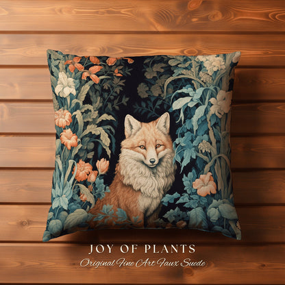 Fox Pillow Woven Decor | William Morris Inspired Fox Pillow Woodland Decor Pillow Maximalist Home Decor Throw Pillow Botanical Fox Pillow |