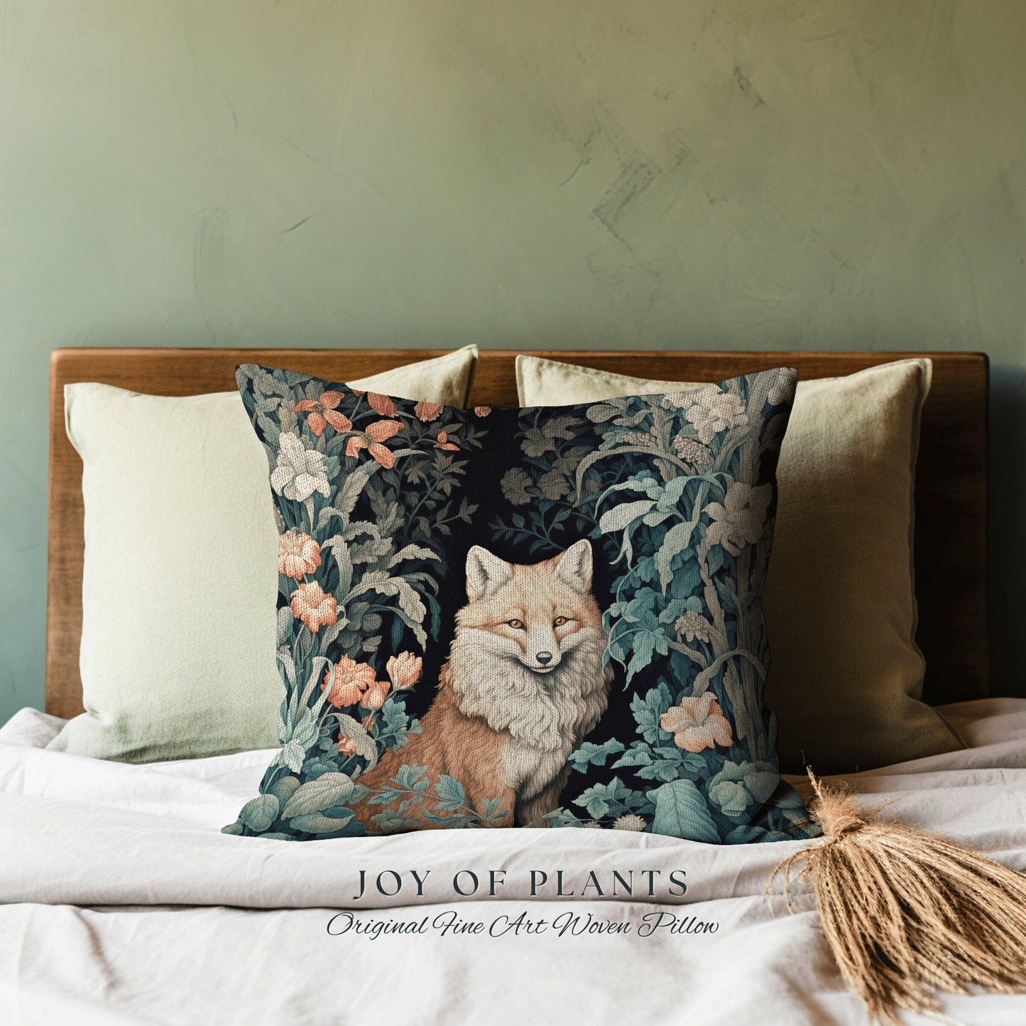 Fox Pillow Woven Decor | William Morris Inspired Fox Pillow Woodland Decor Pillow Maximalist Home Decor Throw Pillow Botanical Fox Pillow |