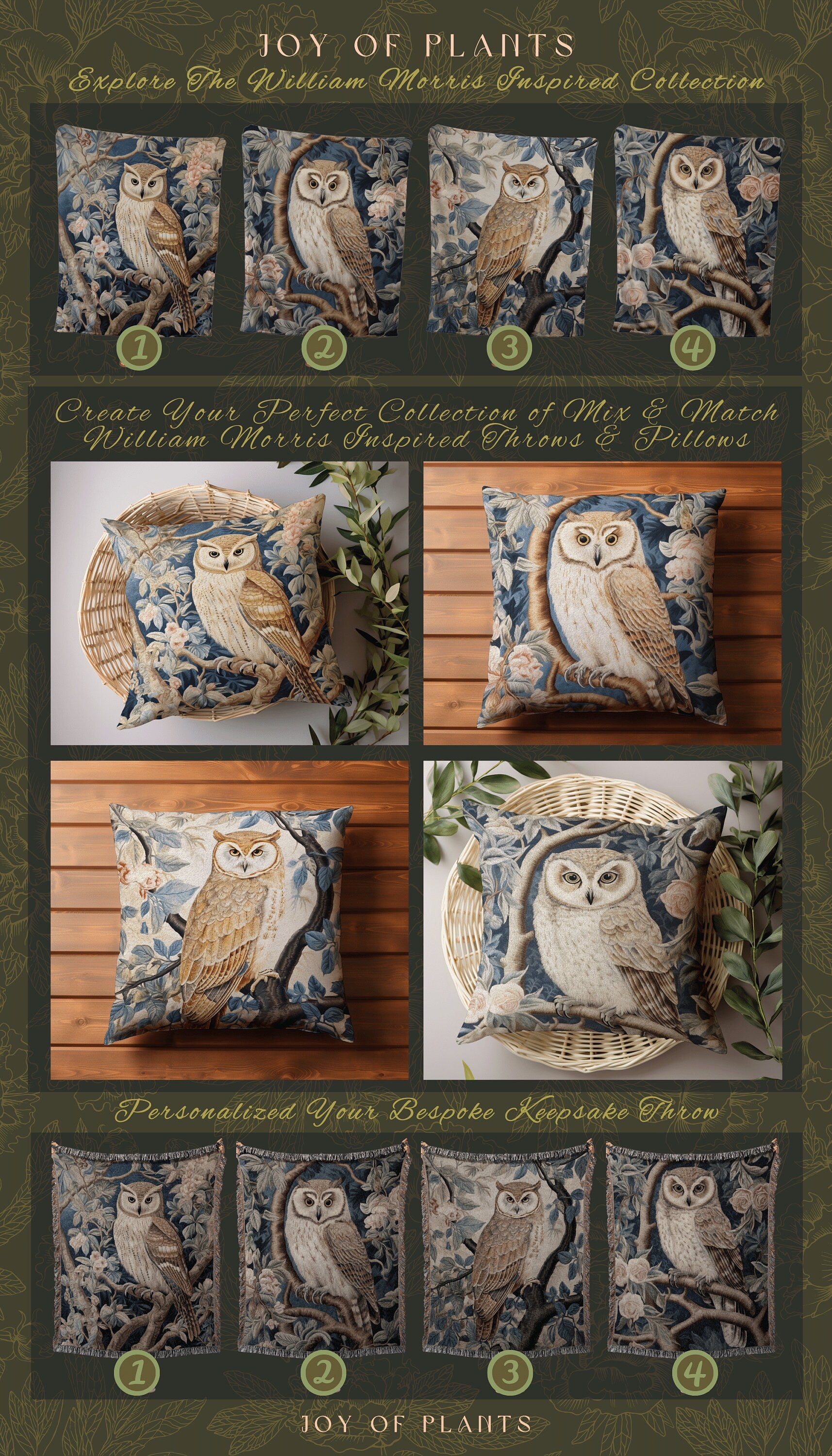 Pastel Owl Throw Pillow | William Morris Inspired Throw Pillow Woodland Forestcore Decor Pillow Maximalist Home Decor Throw Pillow Owl Art |