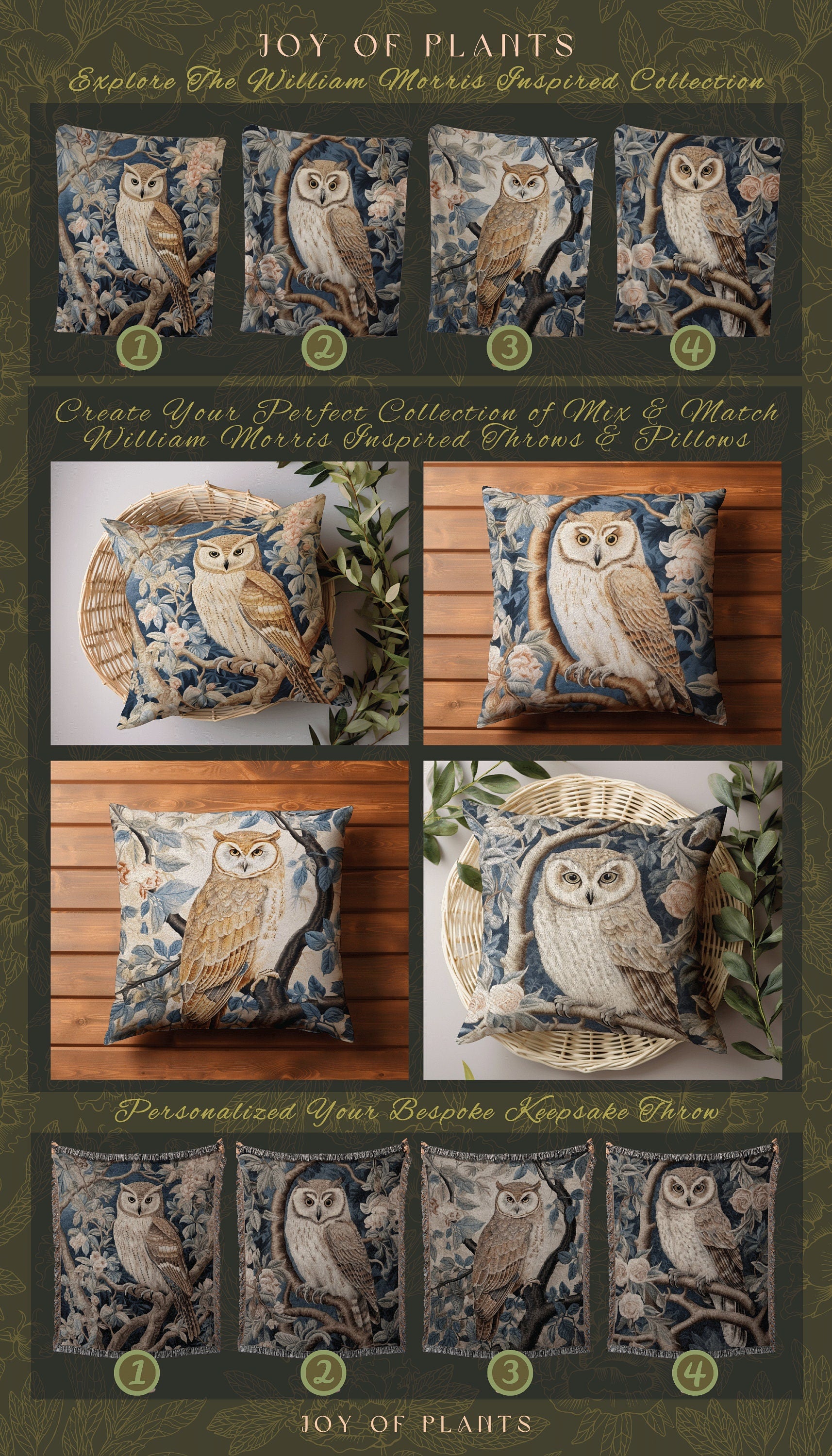 Owl Throw Pillow Woven Pastel | William Morris Inspired Throw Pillow Woodland Forestcore Decor Pillow Maximalist Home Decor Pastel Pillow |