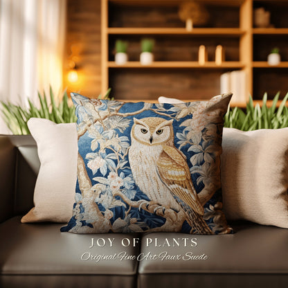 Pastel Owl Throw Pillow | William Morris Inspired Throw Pillow Woodland Forestcore Decor Pillow Maximalist Home Decor Throw Pillow Owl Art |