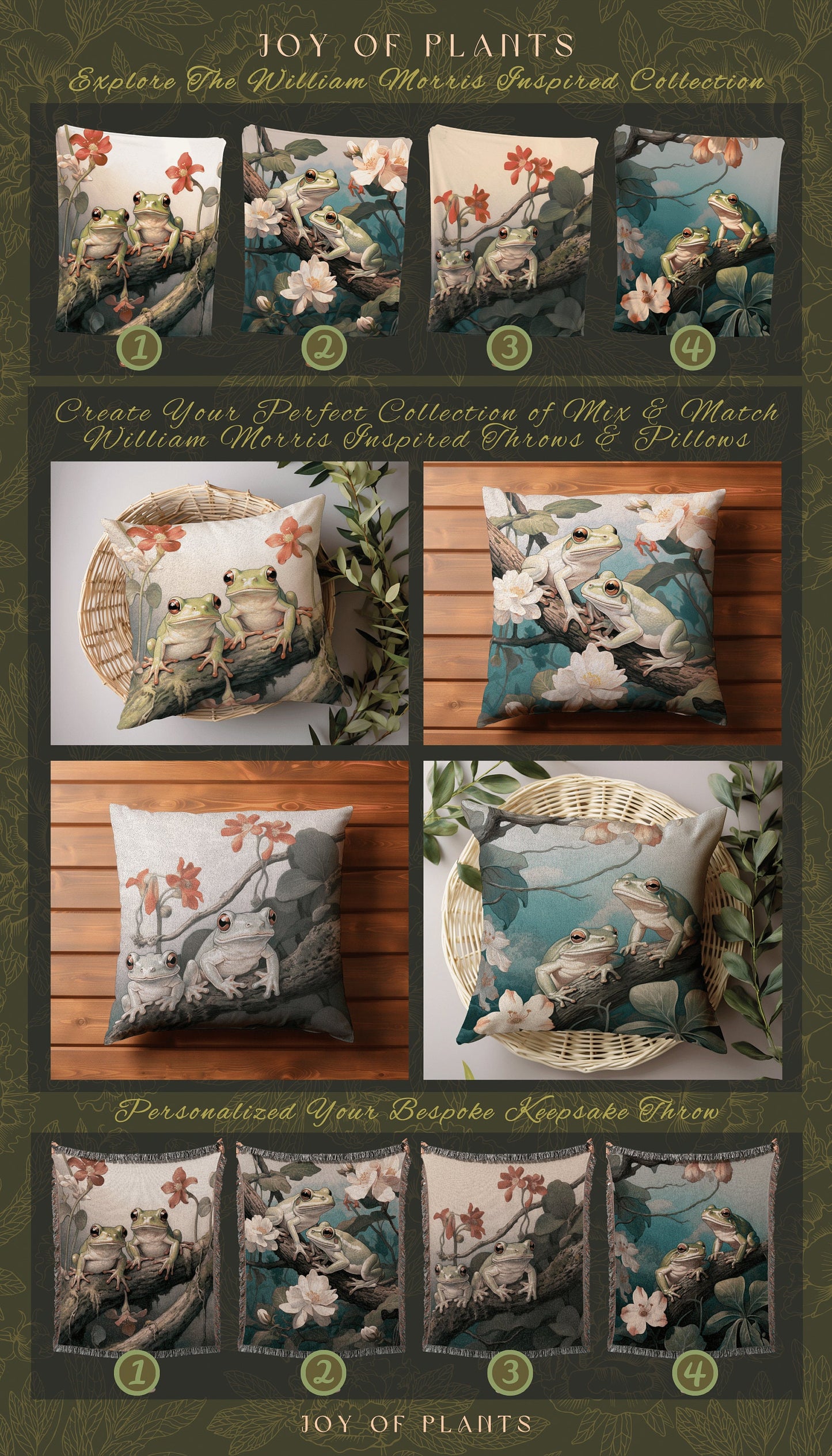 Frog Throw Pillow Woven | Pastel Botanical William Morris Inspired Pillow Botanical Decor Pillow Home Decor Throw Pillow Frog Cottage Core |