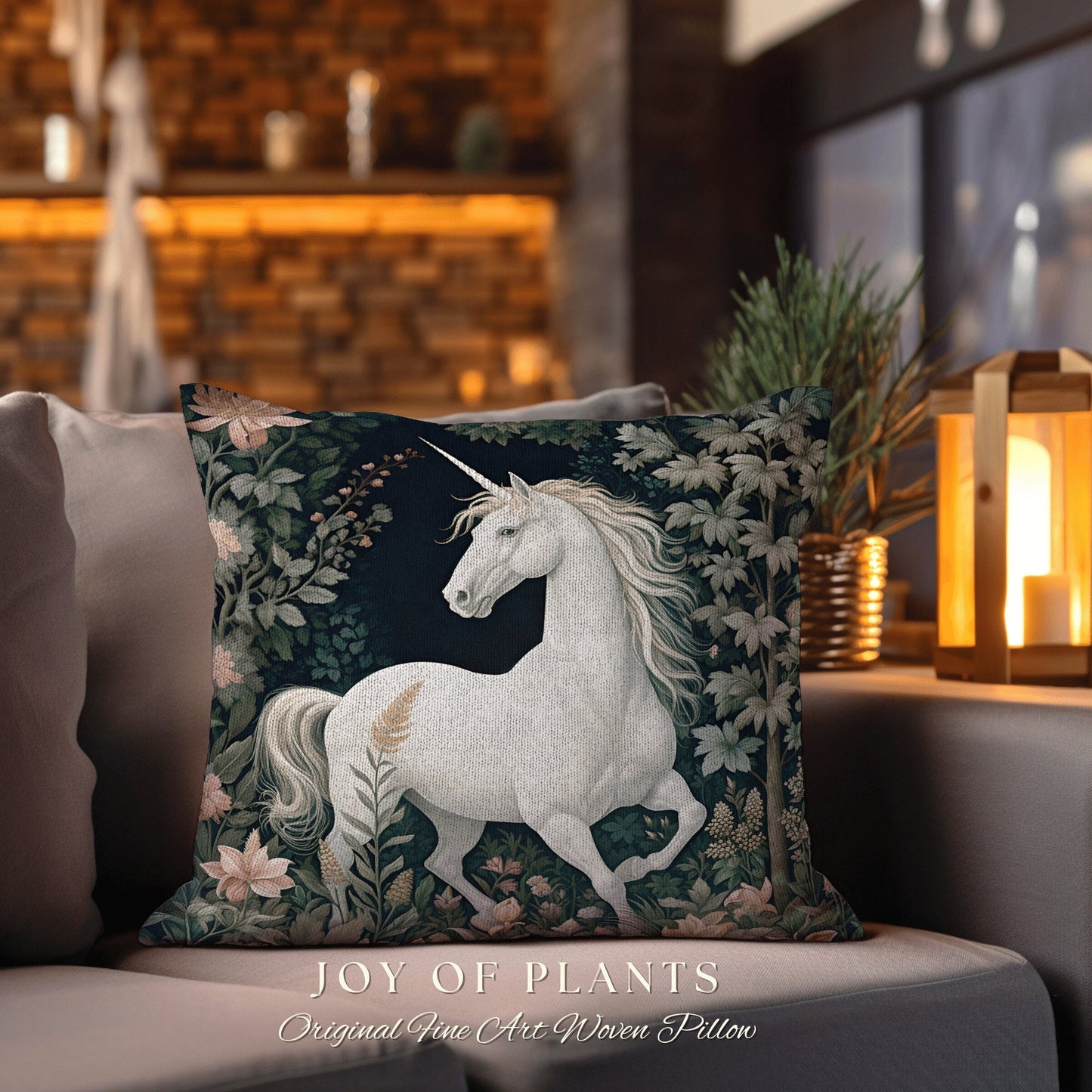 Fairycore Unicorn Pillow Woven | William Morris Inspired Pillow Woodland Decor Pillow Magical Home Decor Throw Pillow Botanical Unicorn Art