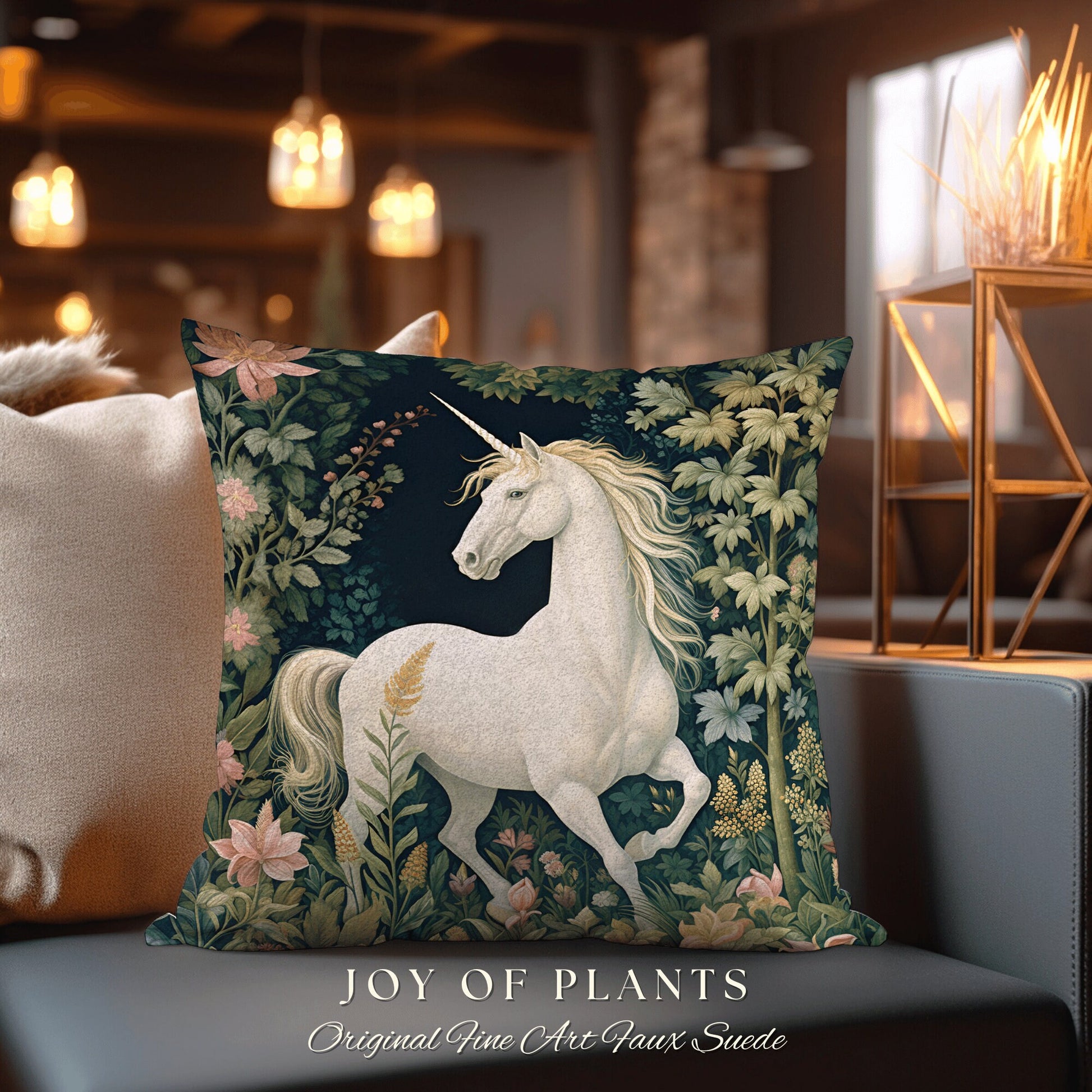 Fairycore Unicorn Pillow Woven | William Morris Inspired Pillow Woodland Decor Pillow Magical Home Decor Throw Pillow Botanical Unicorn Art