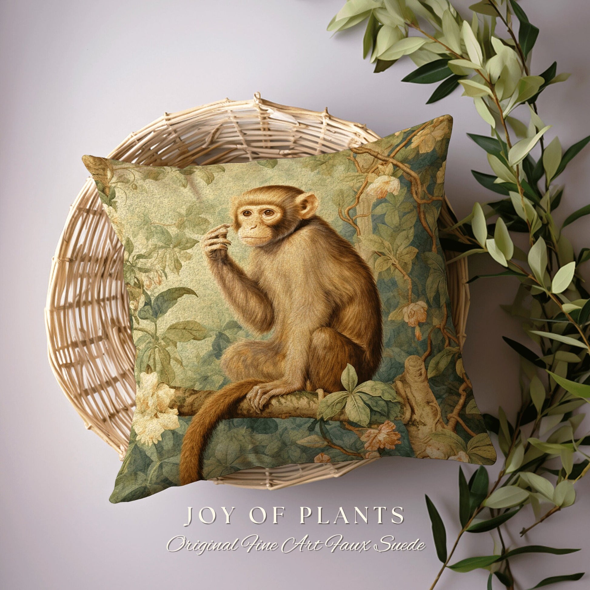 Vintage Jungle Monkey Pillow | William Morris Inspired Vintage Pillow Nature Pillow Pastel Decor Throw Pillow Botanical Monkey Pillow Woven