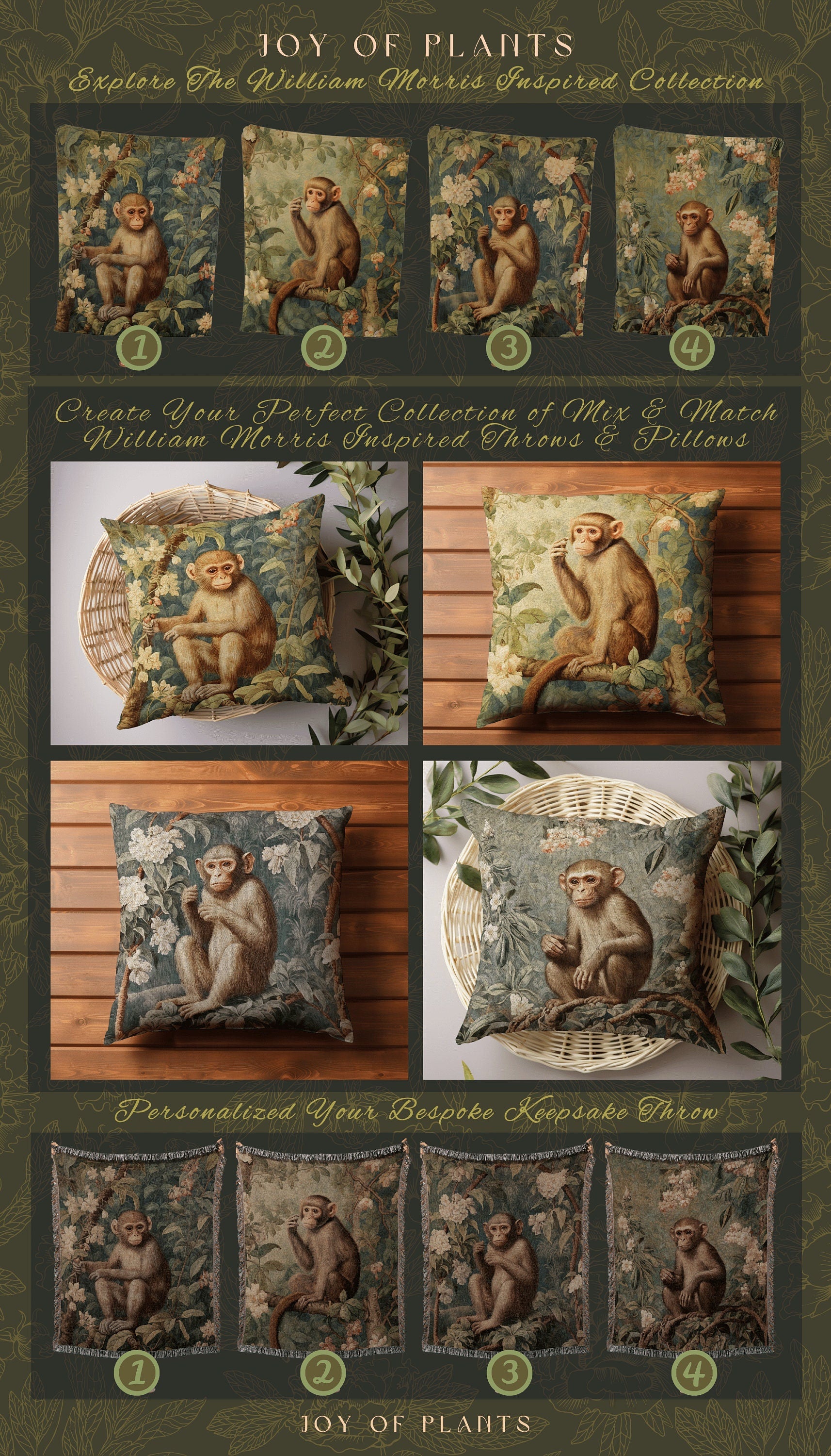 Victorian Monkey Art Pillow | William Morris Inspired Vintage Nature Pillow Pastel Floral Decor Throw Pillow Botanical Monkey Pillow Woven |