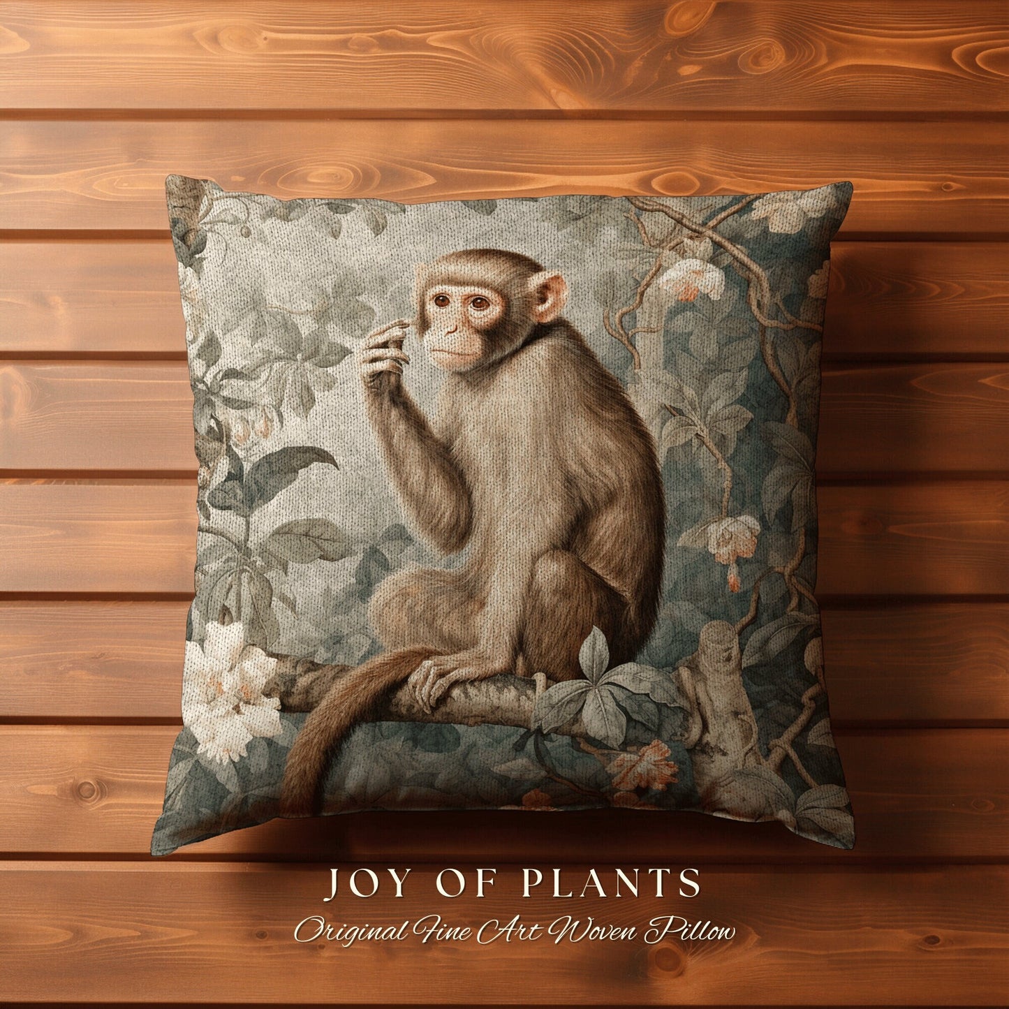 Vintage Jungle Monkey Pillow | William Morris Inspired Vintage Pillow Nature Pillow Pastel Decor Throw Pillow Botanical Monkey Pillow Woven