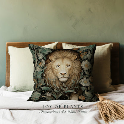 Maximalist Lion Pillow Woven Decor | William Morris Inspired Pillow Woodland Decor Pillow Maximalist Decor Throw Pillow Botanical Lion Decor