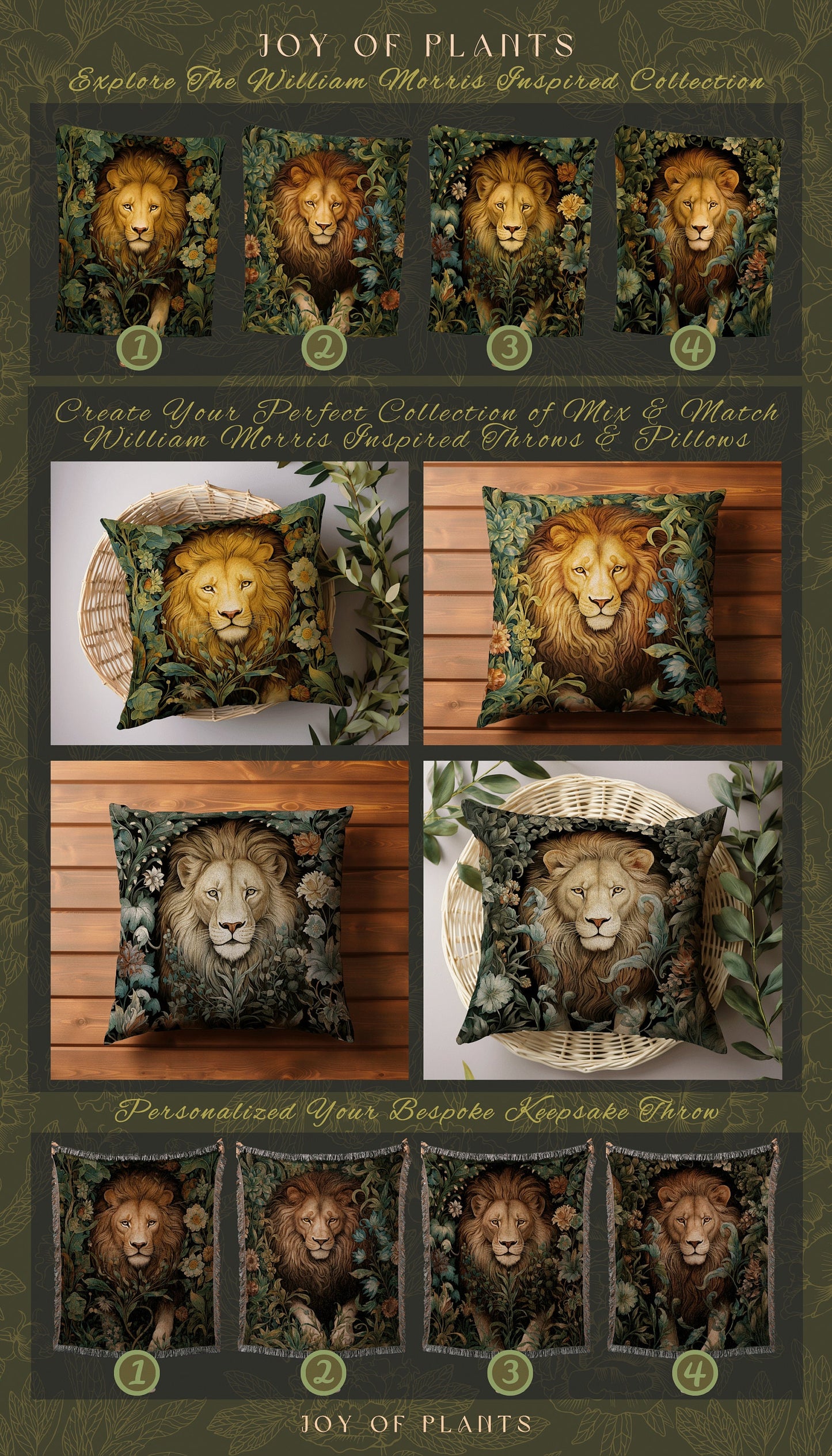 Maximalist Lion Pillow Woven Decor | William Morris Inspired Pillow Woodland Decor Pillow Maximalist Decor Throw Pillow Botanical Lion Decor