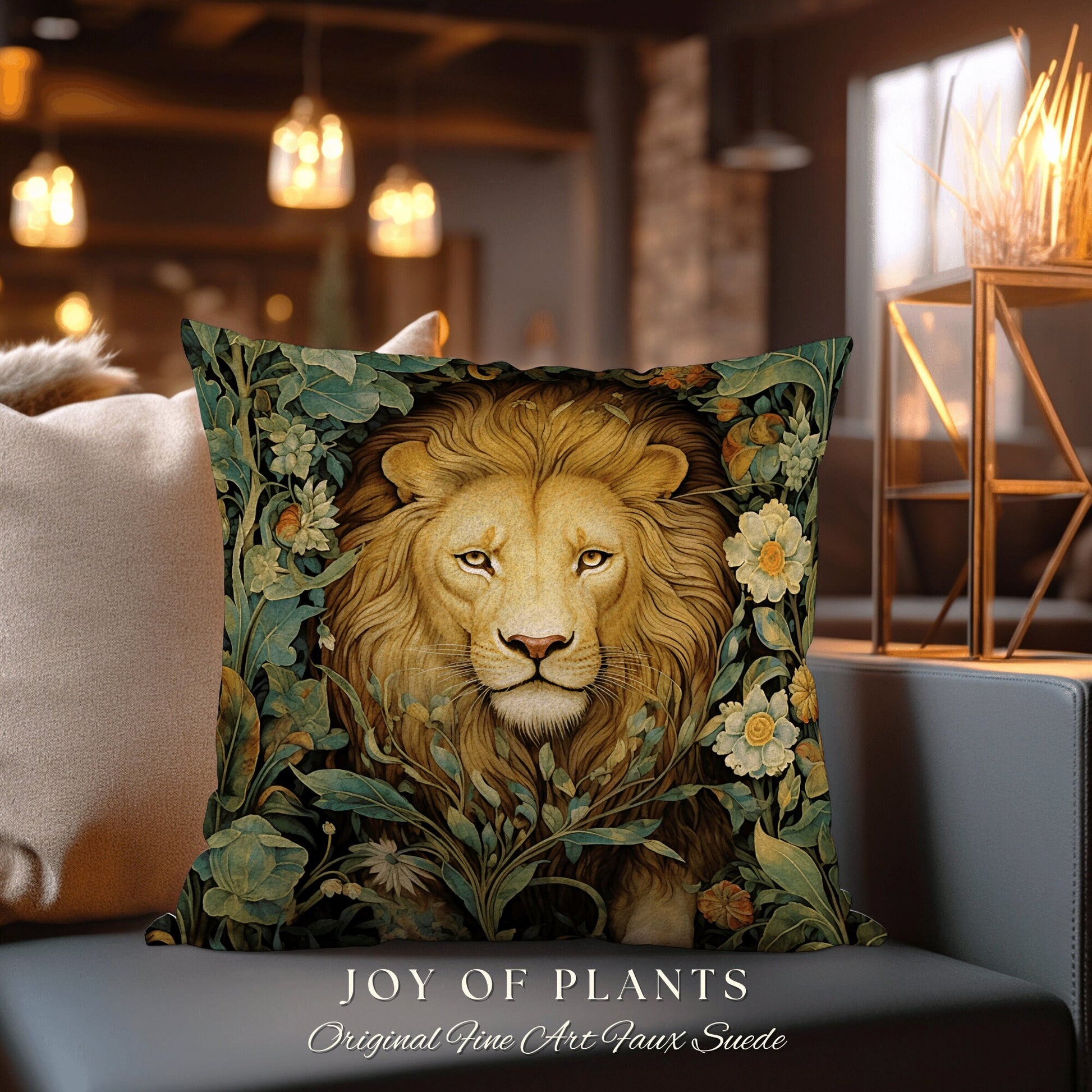 Maximalist Lion Pillow Woven Decor | William Morris Inspired Pillow Woodland Decor Pillow Maximalist Decor Throw Pillow Botanical Lion Decor