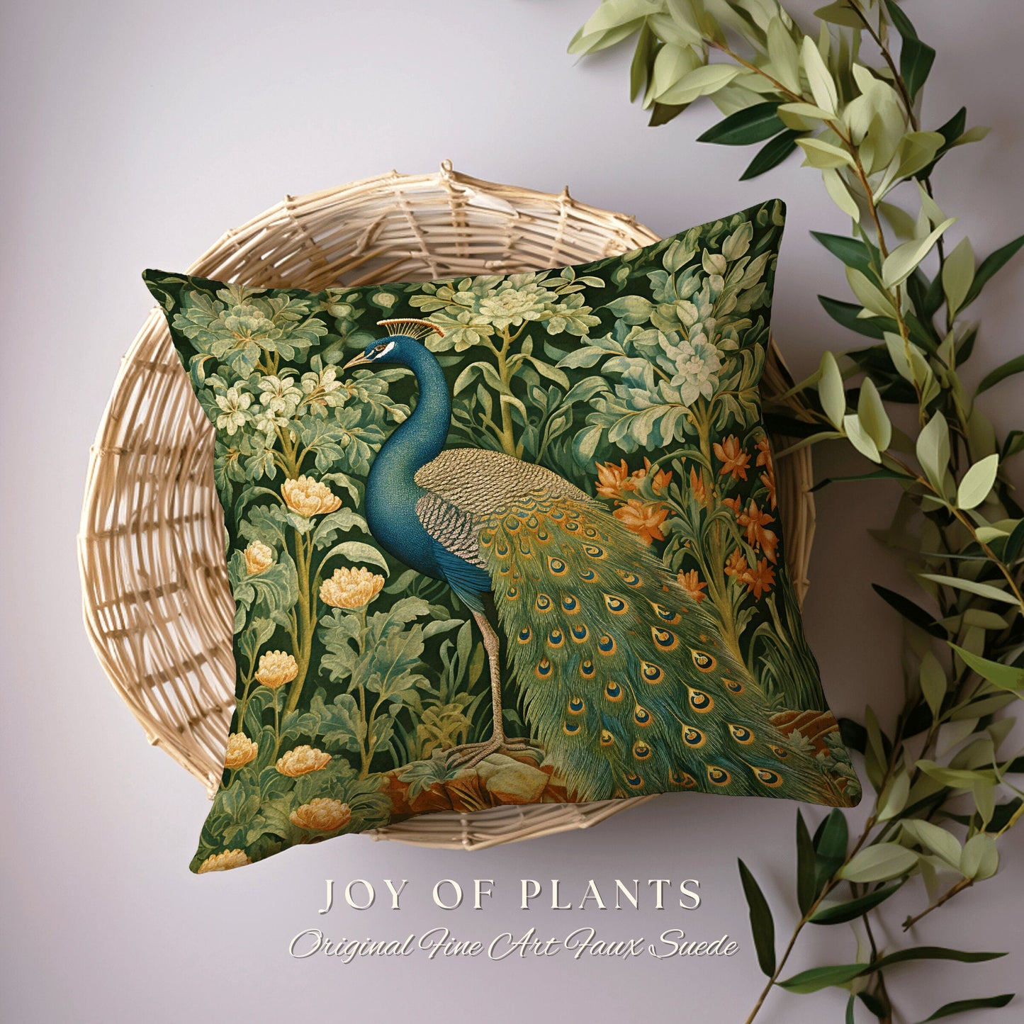 Peacock Throw Pillow Woven | William Morris Inspired Fox Pillow Woodland Decor Pillow Maximalist Home Decor Throw Pillow Botanical Peacock