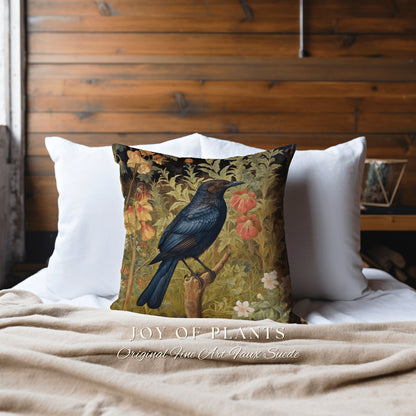 Raven Throw Pillow Floral | Morris Inspired Pillow Pastel Goth Crowcore Decor Pillow Maximalist Home Decor Crow Pillow Dark Botanical Crow |