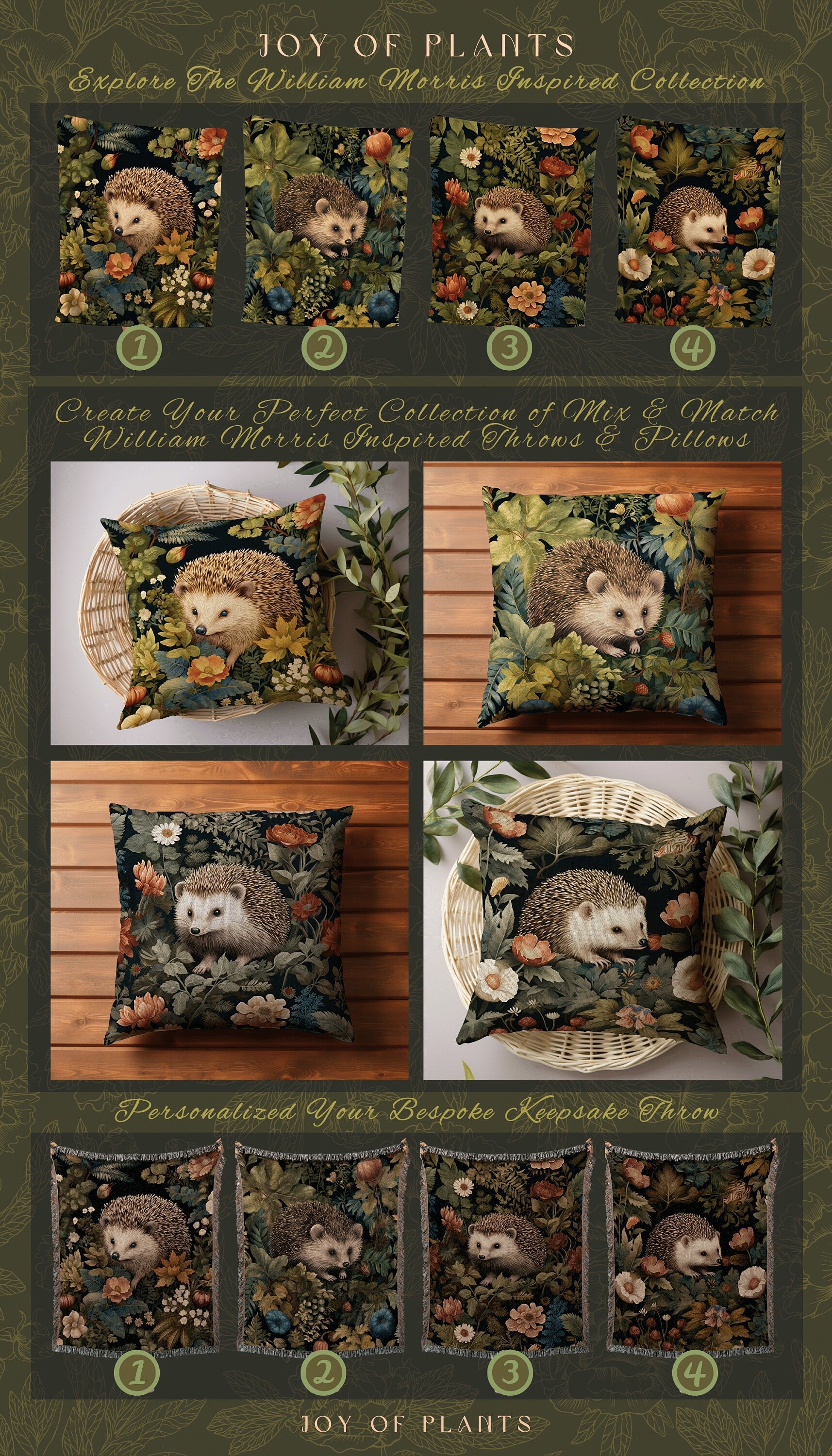 Woven Throw Pillow Morris Hedge Hog | William Morris Inspired Pillow Vintage Medieval Throw Pillow Home Decor Custom Morris Style Hedgehog |