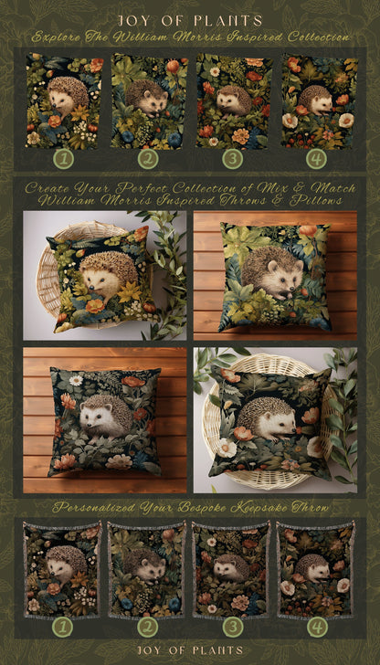 Morris Style Hedgehog Throw Pillow | William Morris Inspired Pillow Vintage Forestcore Throw Pillow Home Decor Custom Morris Style Hedge Hog