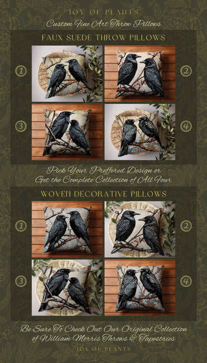 Gothic Crow Throw Pillow Woven | Morris Inspired Pillow Woodland Crowcore Decor Pillow Maximalist Home Decor Crow Pillow Dark Botanical Gift