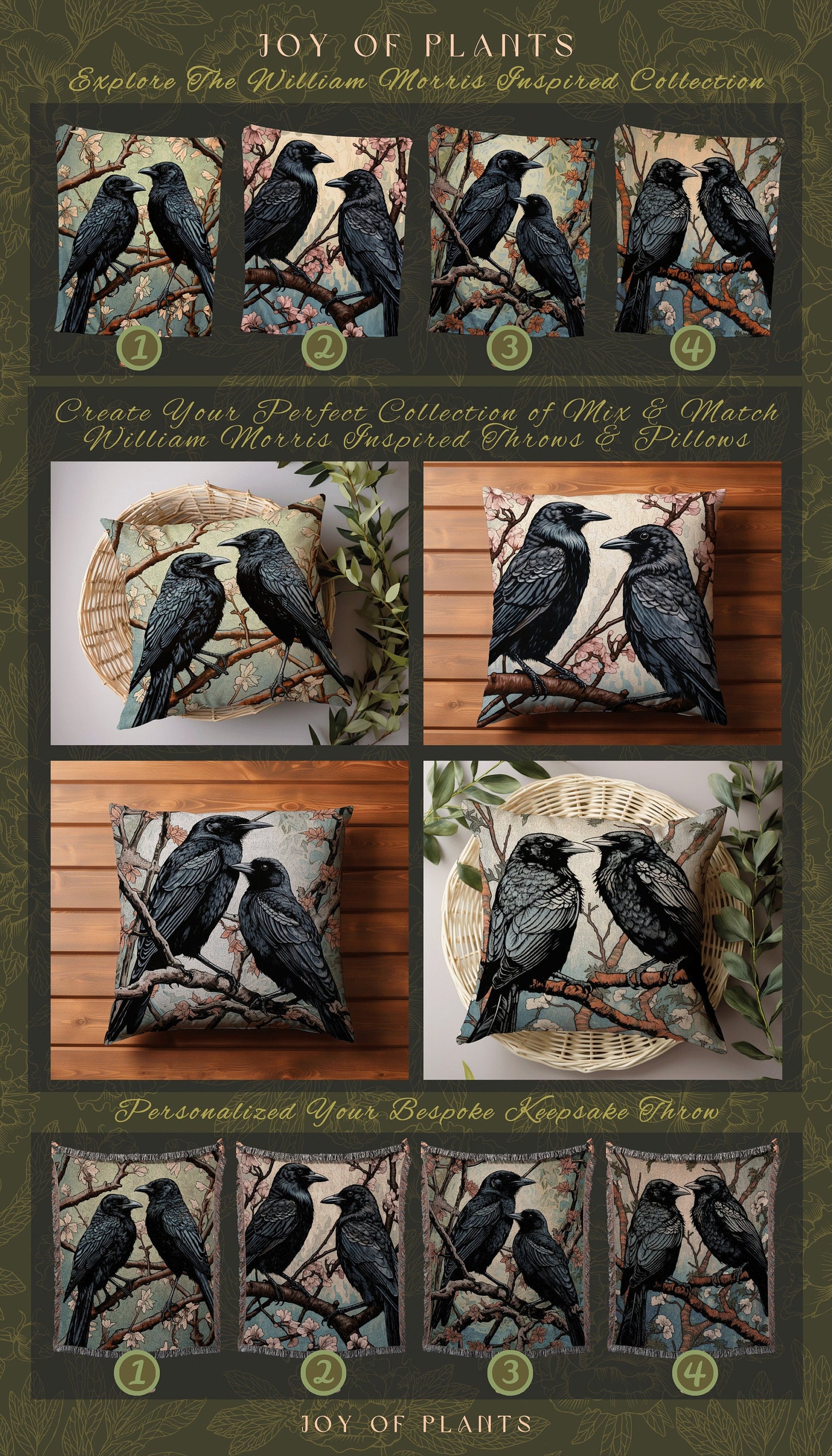 Gothic Crow Throw Pillow Woven | Morris Inspired Pillow Woodland Crowcore Decor Pillow Maximalist Home Decor Crow Pillow Dark Botanical Gift