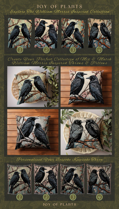Gothic Crow Throw Pillow Woven | Morris Inspired Pillow Woodland Crowcore Decor Pillow Maximalist Home Decor Crow Pillow Dark Botanical Gift