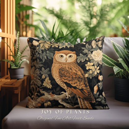 Dark Botanical Owl Throw Pillow | William Morris Throw Pillow Woven Woodland Forestcore Decor Pillow Maximalist Home Decor Throw Pillow Owl