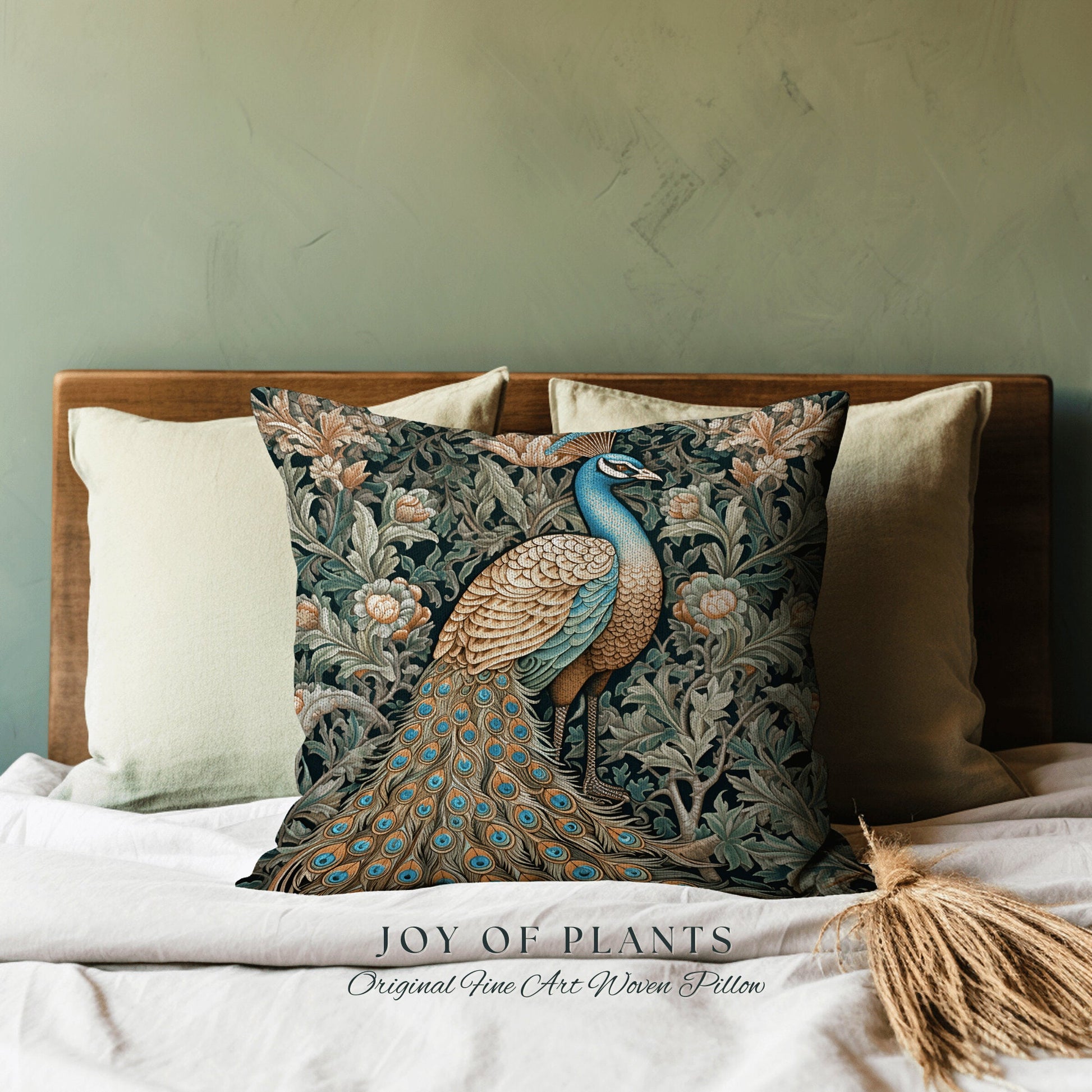 Woven Peacock Throw Pillow | William Morris Inspired Fox Pillow Eccentric Decor Pillow Maximalist Decor Throw Pillow Botanical Peacock Art