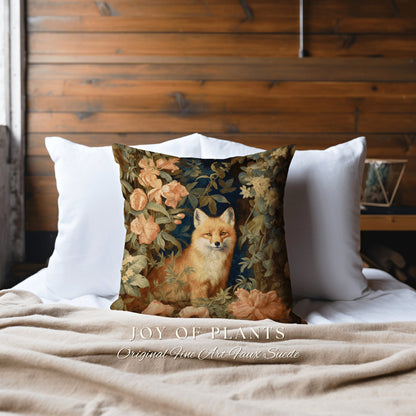 Floral Pastel Fox Pillow | William Morris Inspired Throw Pillow Woodland Forestcore Decor Pillow Maximalist Home Decor Throw Pillow Fox Art